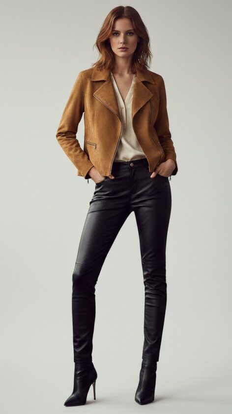 Chaqueta perfecto ante larga color avellana