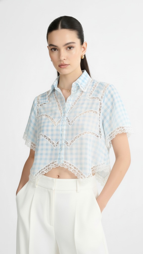 Camisa Vichy con puntillas Valenciennes - Imagen 2