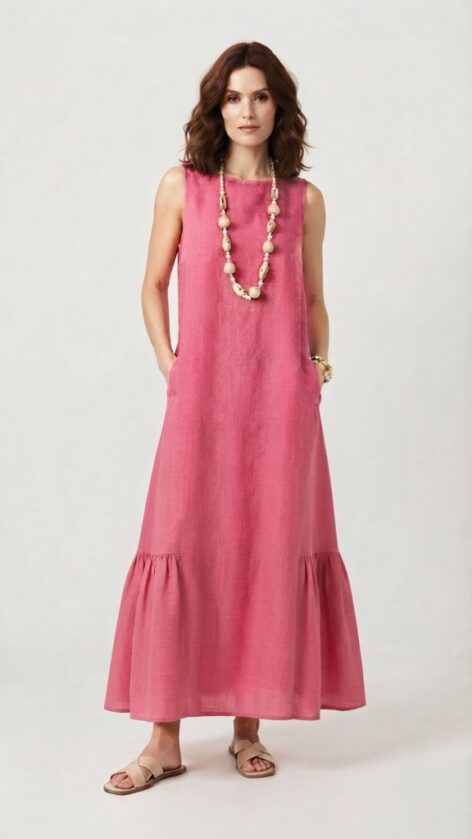Vestido lino largo rosa
