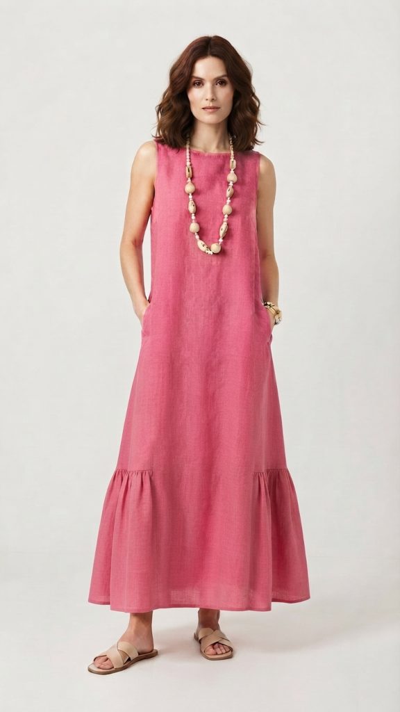 Vestido lino largo rosa