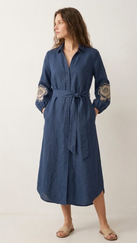 Vestido lino manga bordada