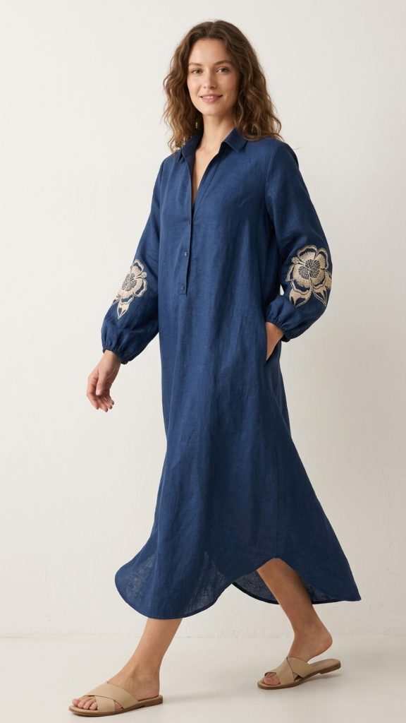 Vestido lino manga bordada - Imagen 4