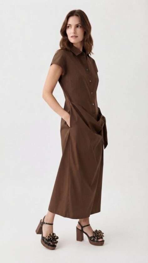 Vestido popelin trapecio marrón