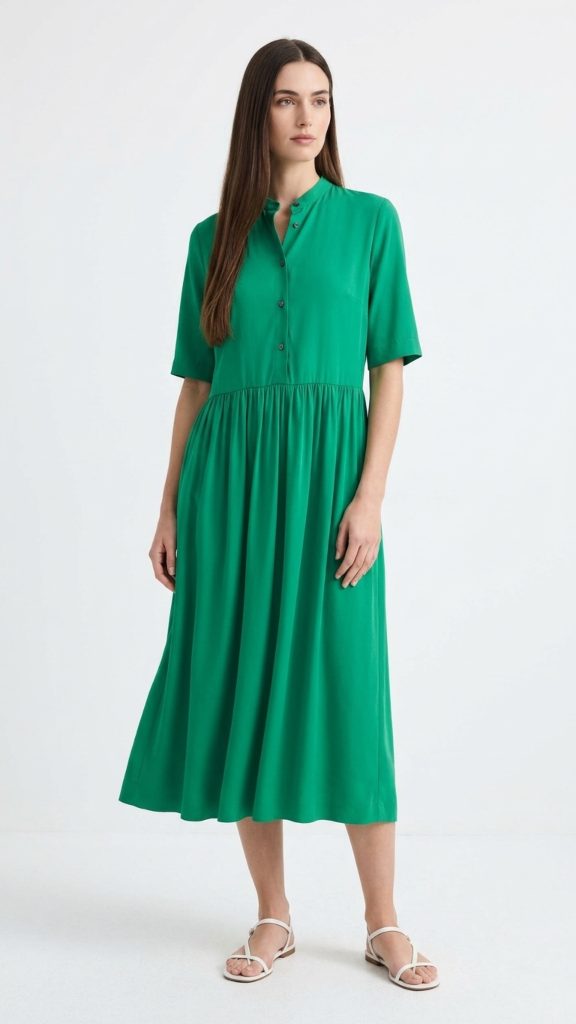 Vestido seda manga corta verde - Imagen 2
