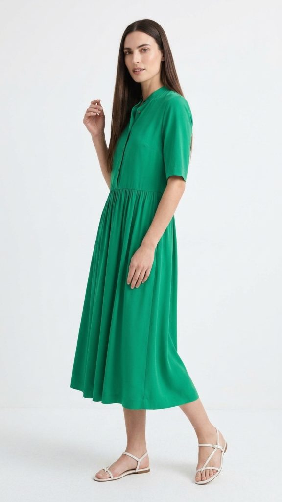 Vestido seda manga corta verde - Imagen 4
